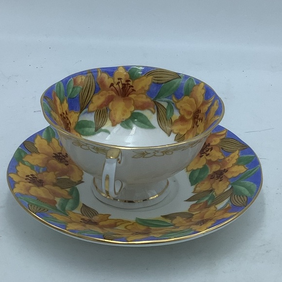 Queen’s England Fine Bone  China Art Deco Blue Teacup and Saucer - Picture 8 of 13